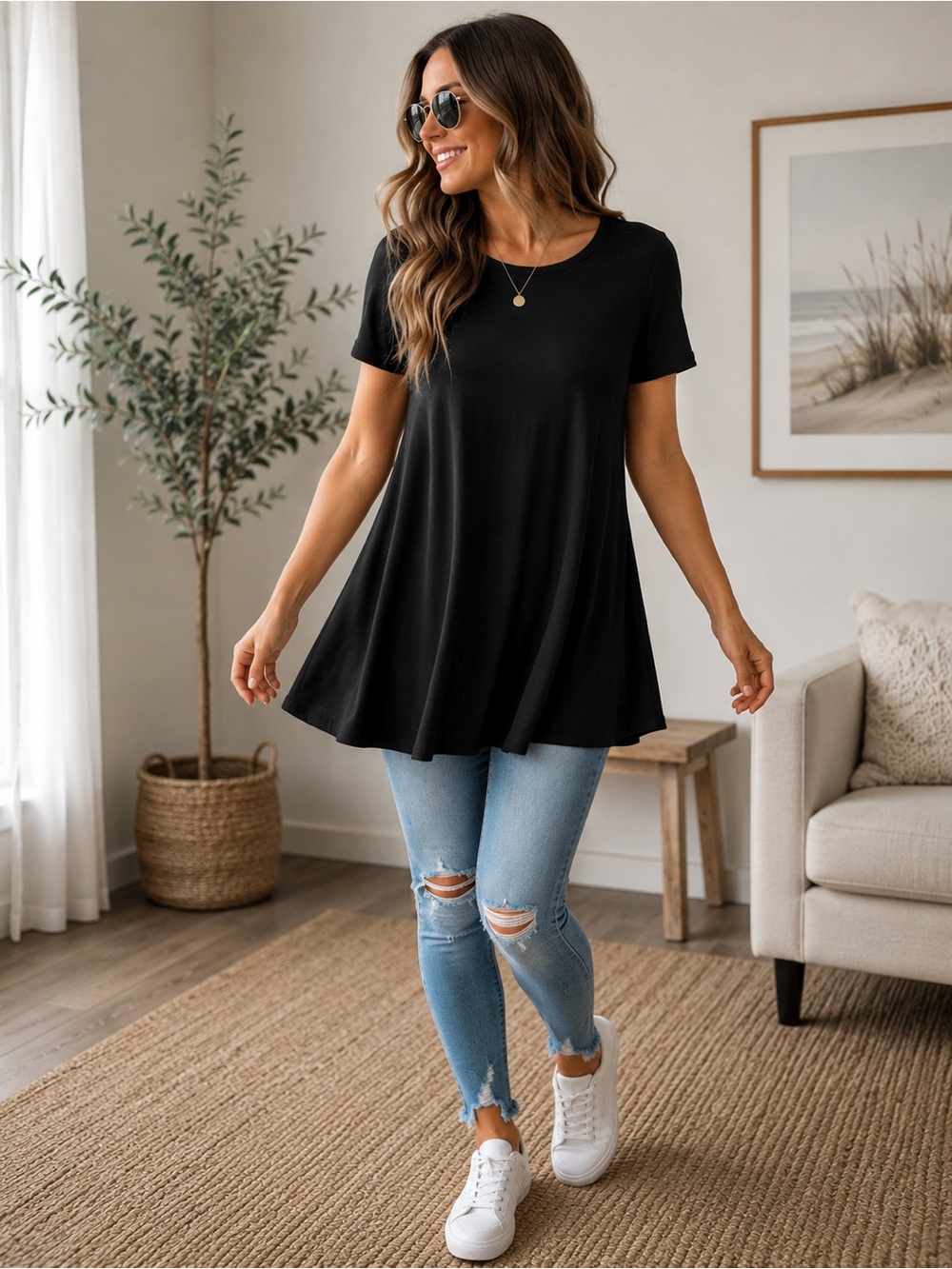 Zenana Black Sharkbite Hem Swing Tunic Top S NIP